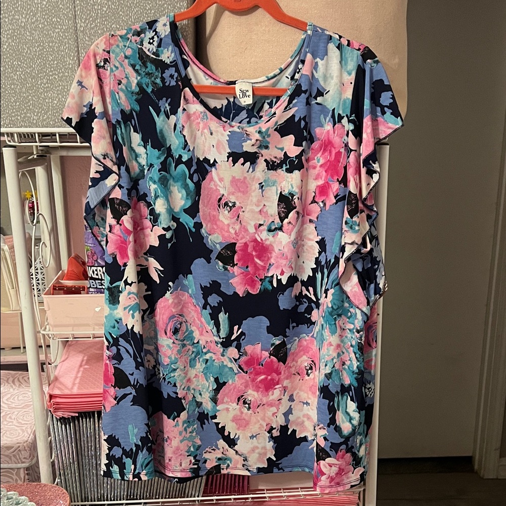Sew in Love Floral Short Sleeve Top - Pink and Blue